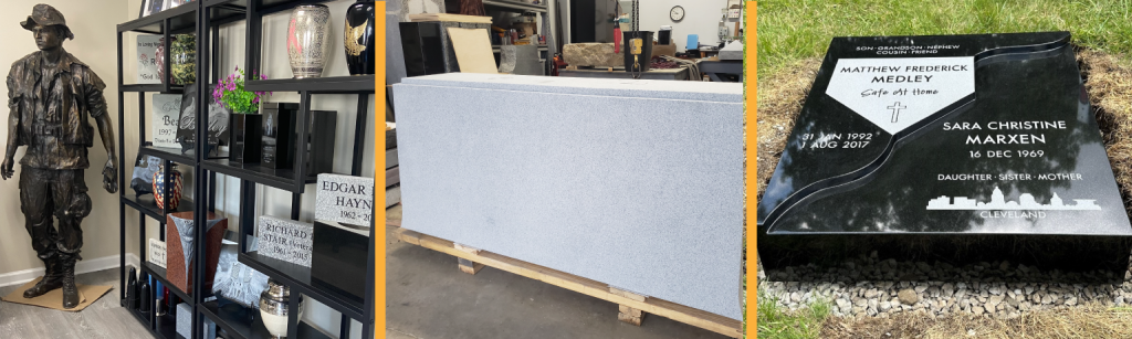 images from monument builder locations - large granite stone lab, monument builders showroom, and black monument stone