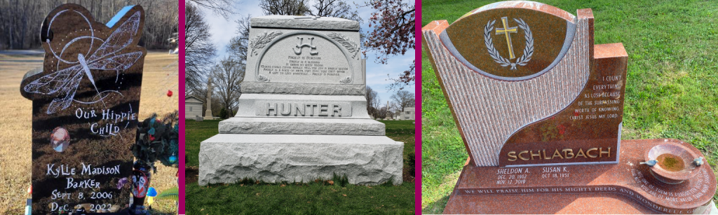 Examples of monument material in various colors - granite, stone