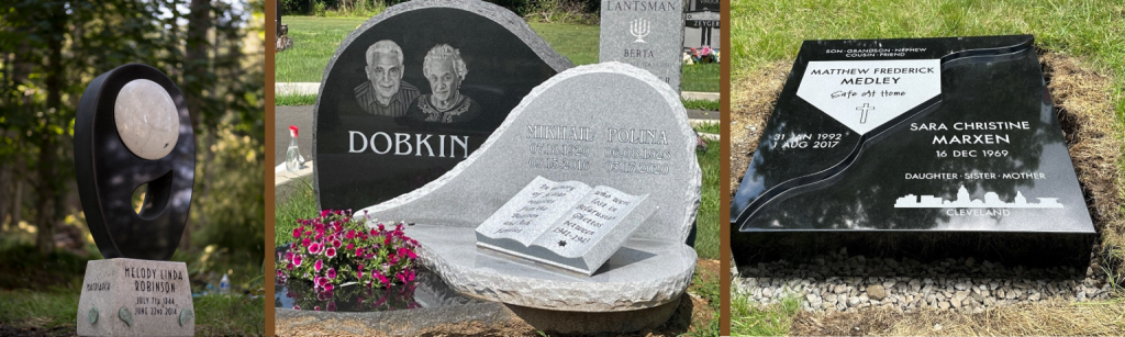 Examples of different monument styles such as flat marker, upright and sculpture